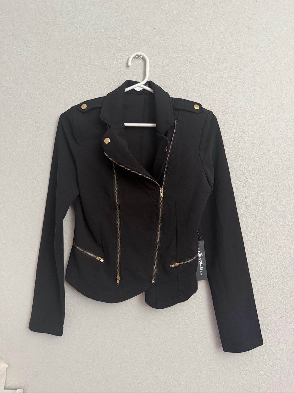 Black Asymmetrical Zip Women's Jacket with Gold Hardware medium